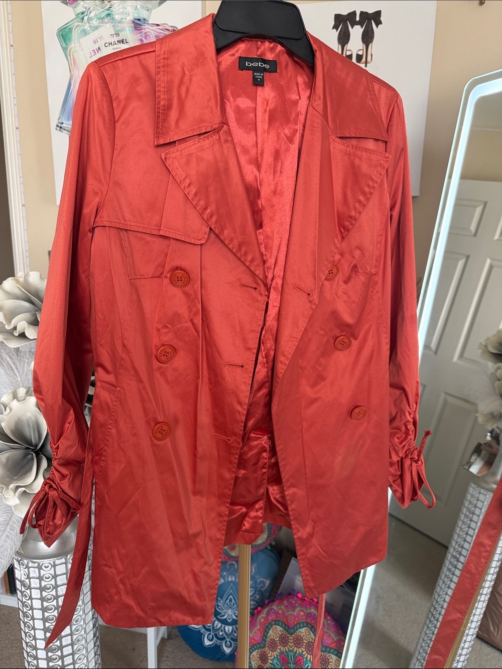 bebe Red Satin Double-Breasted Trench Coat